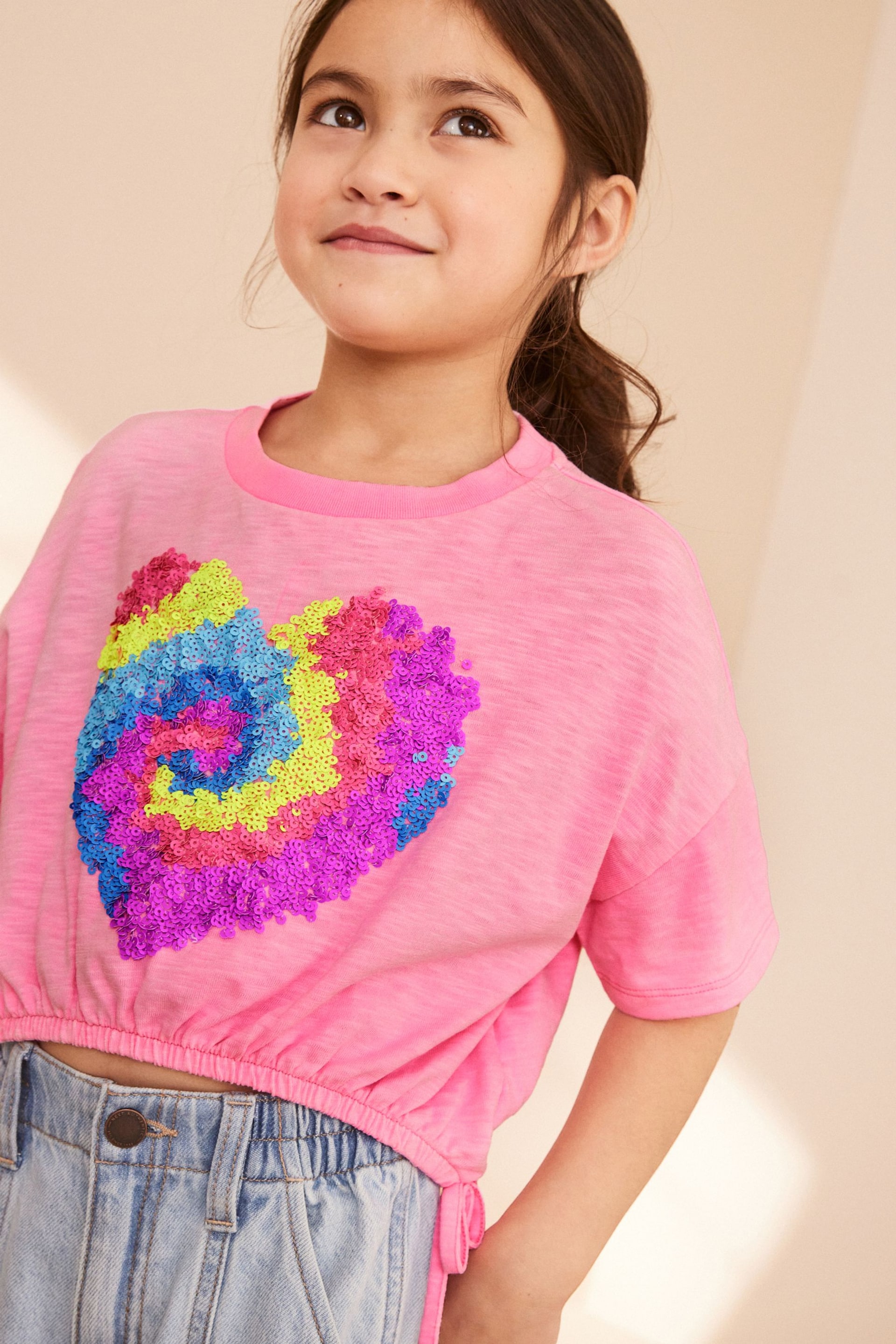 Bright Pink Sequin Heart T-Shirt (3-16yrs) - Image 2 of 8