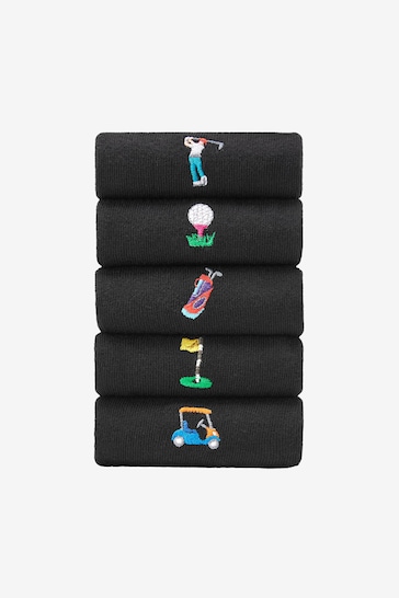 Black Golf Fun Embroidered Socks 5 Pack