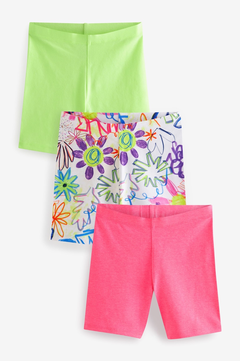 Pink/ Lime/ Graffiti Flower Print 3 Pack 3 Pack Cycle Shorts (3-16yrs) - Image 1 of 3