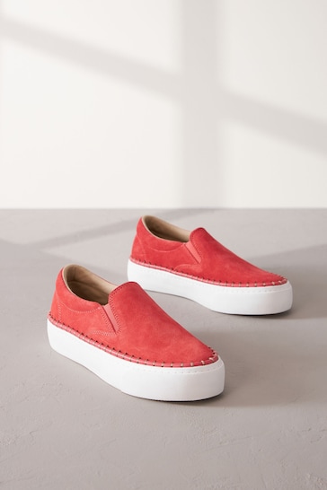 Coral/White Signature Leather Rand Stitch Detail Slip-Ons Trainers