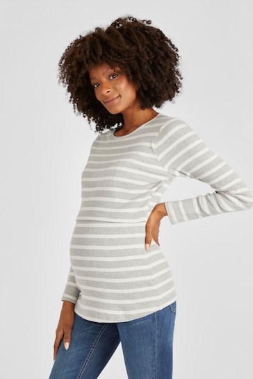 JoJo Maman Bébé Grey Stripe Ribbed Jersey Maternity & Nursing Top
