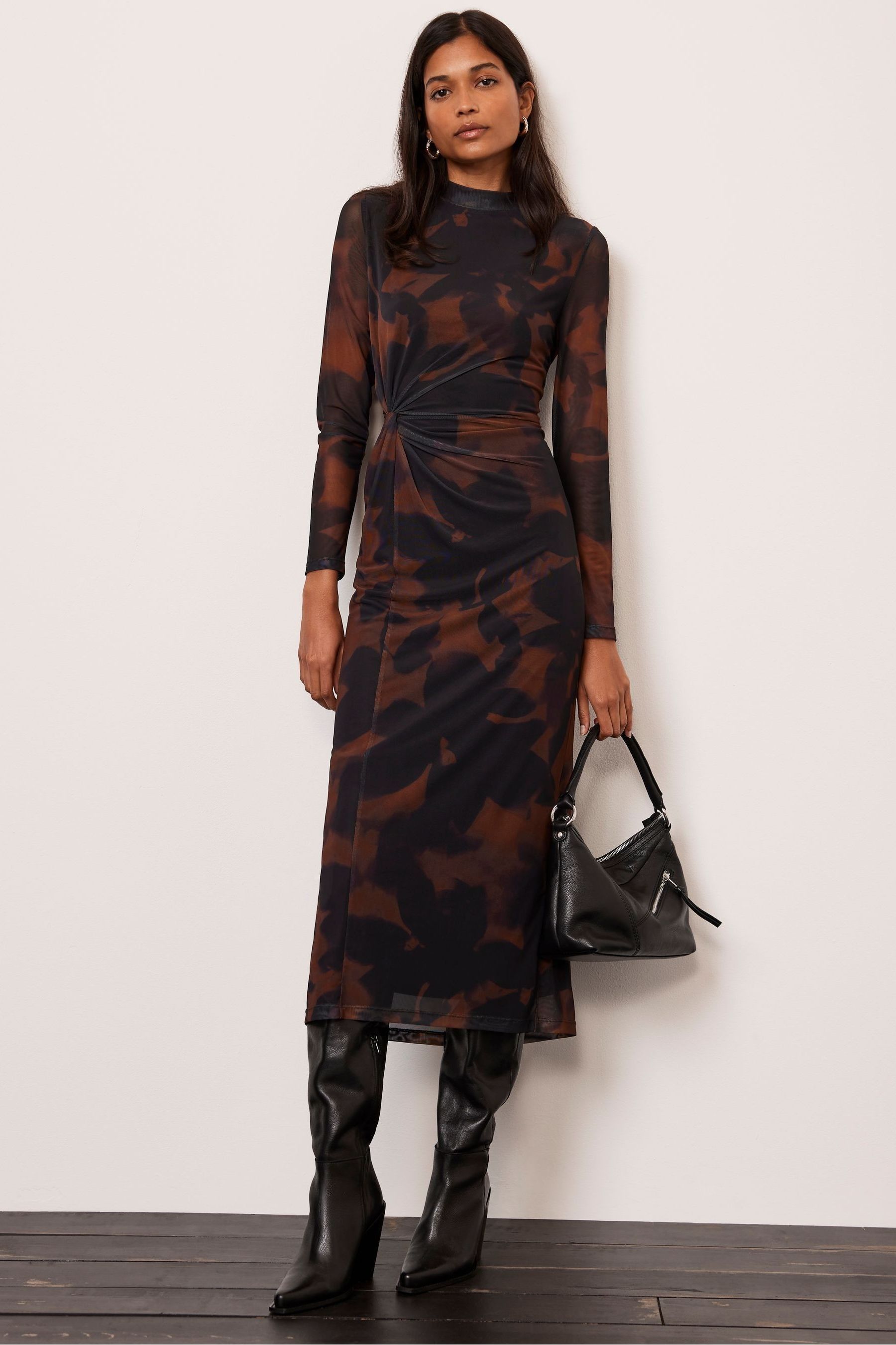 Buy Mint Velvet Brown Abstract Print Mesh Midi Dress from Next Luxembourg