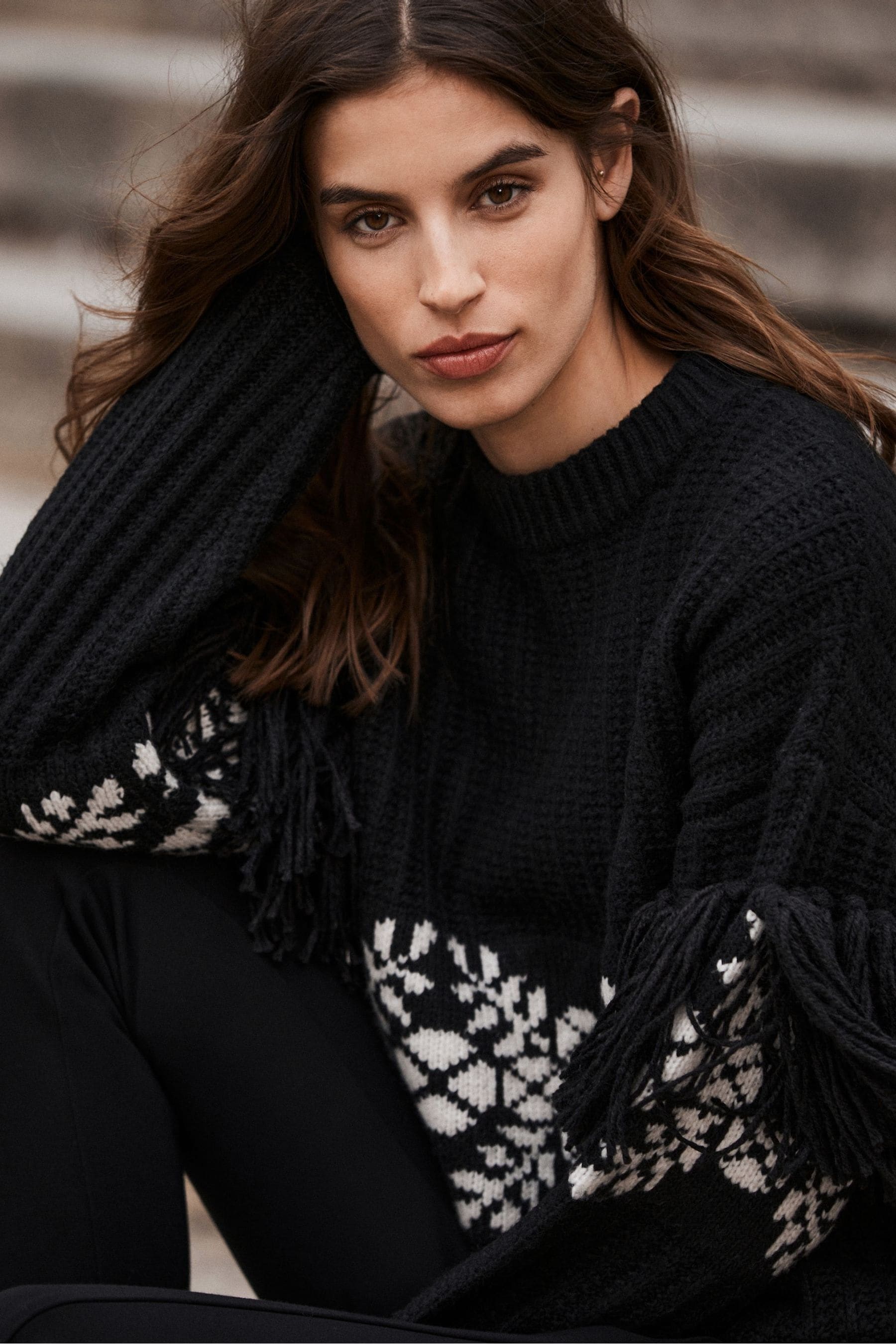 Buy Mint Velvet Black Jaquard Fringe Jumper from the Next UK