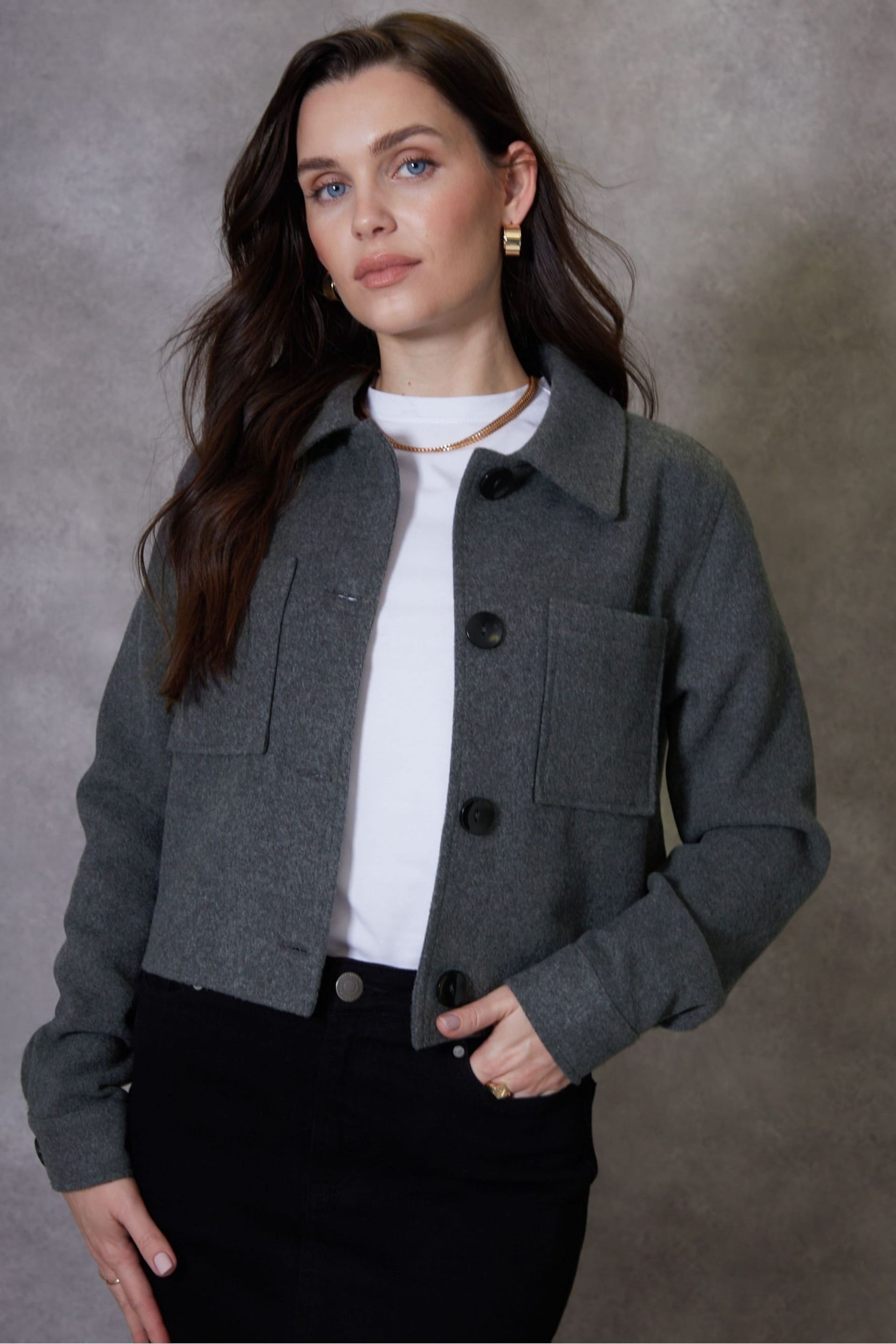 Threadbare Grey Brushed Cropped Shacket - Image 2 of 5