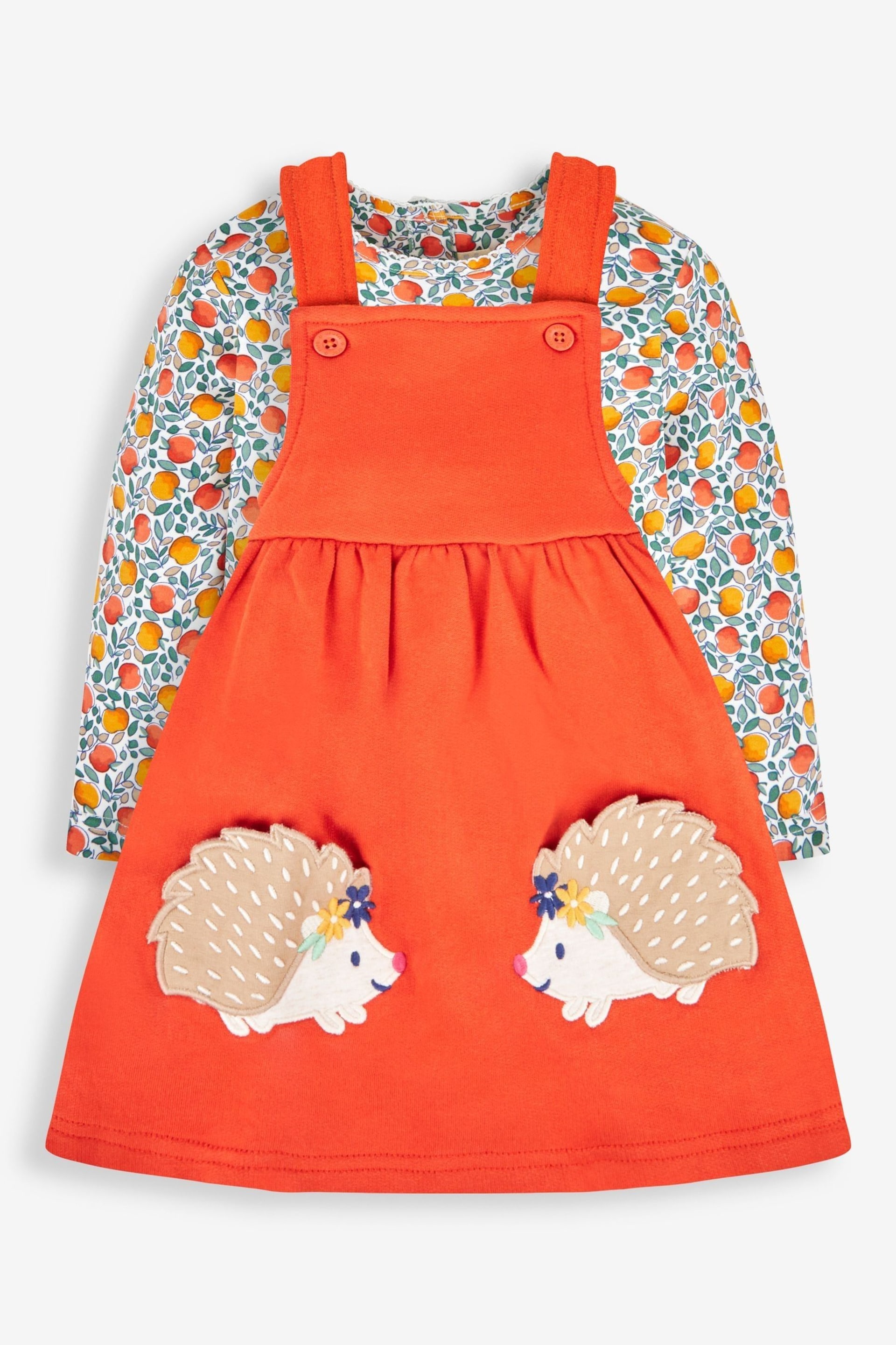 JoJo Maman Bébé Rust Orange Hedgehog Girls' 2-Piece Appliqué Pinafore Dress & Top Set - Image 1 of 6