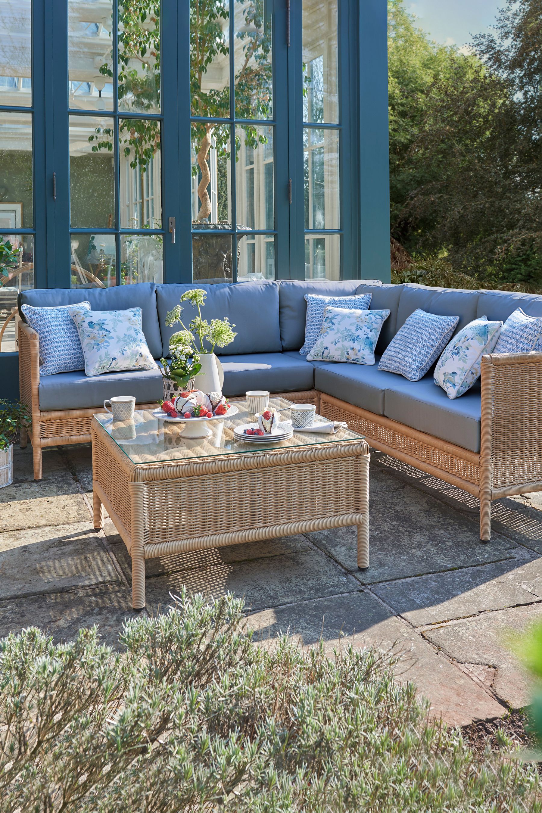 Buy Laura Ashley Denim Garden Vilamoura Rattan Corner Sofa Lounging Set with Seat Cushions from the Next UK online shop