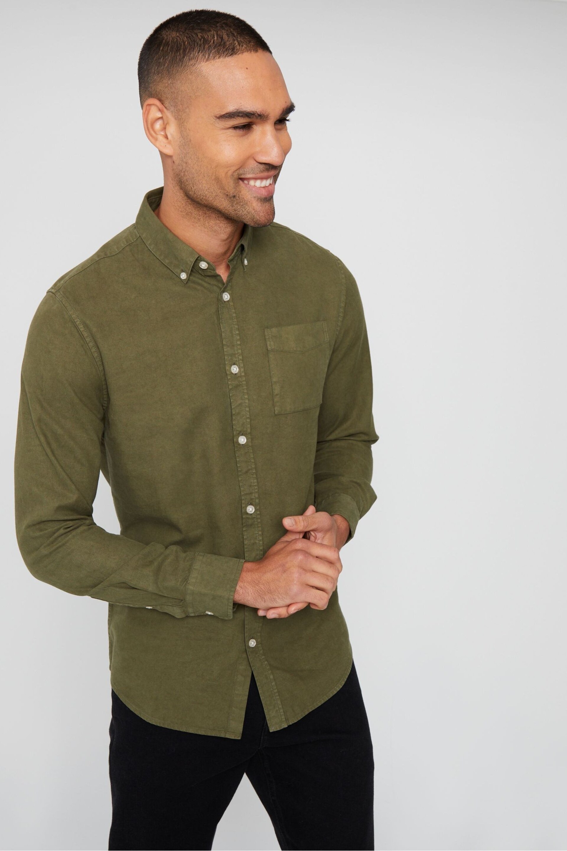 Threadbare Khaki Long Sleeve Soft Feel Cotton Blend Shirt - Image 3 of 5