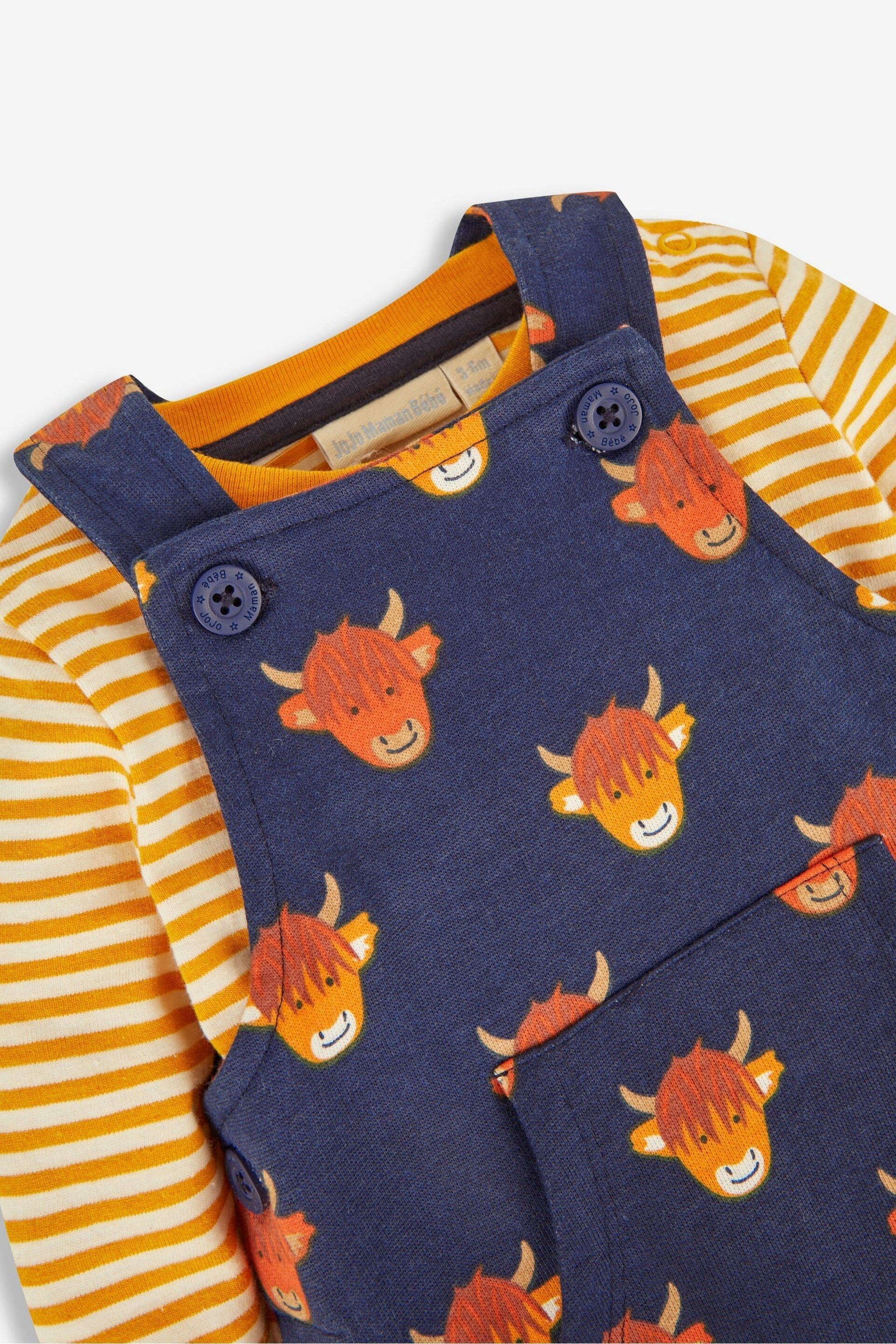 JoJo Maman Bébé Navy Blue Highland Cow Dungarees & Stripe Top Set - Image 5 of 5