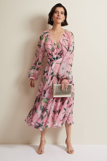 Phase Eight Pink Lina Printed Long Sleeve Midi Dress