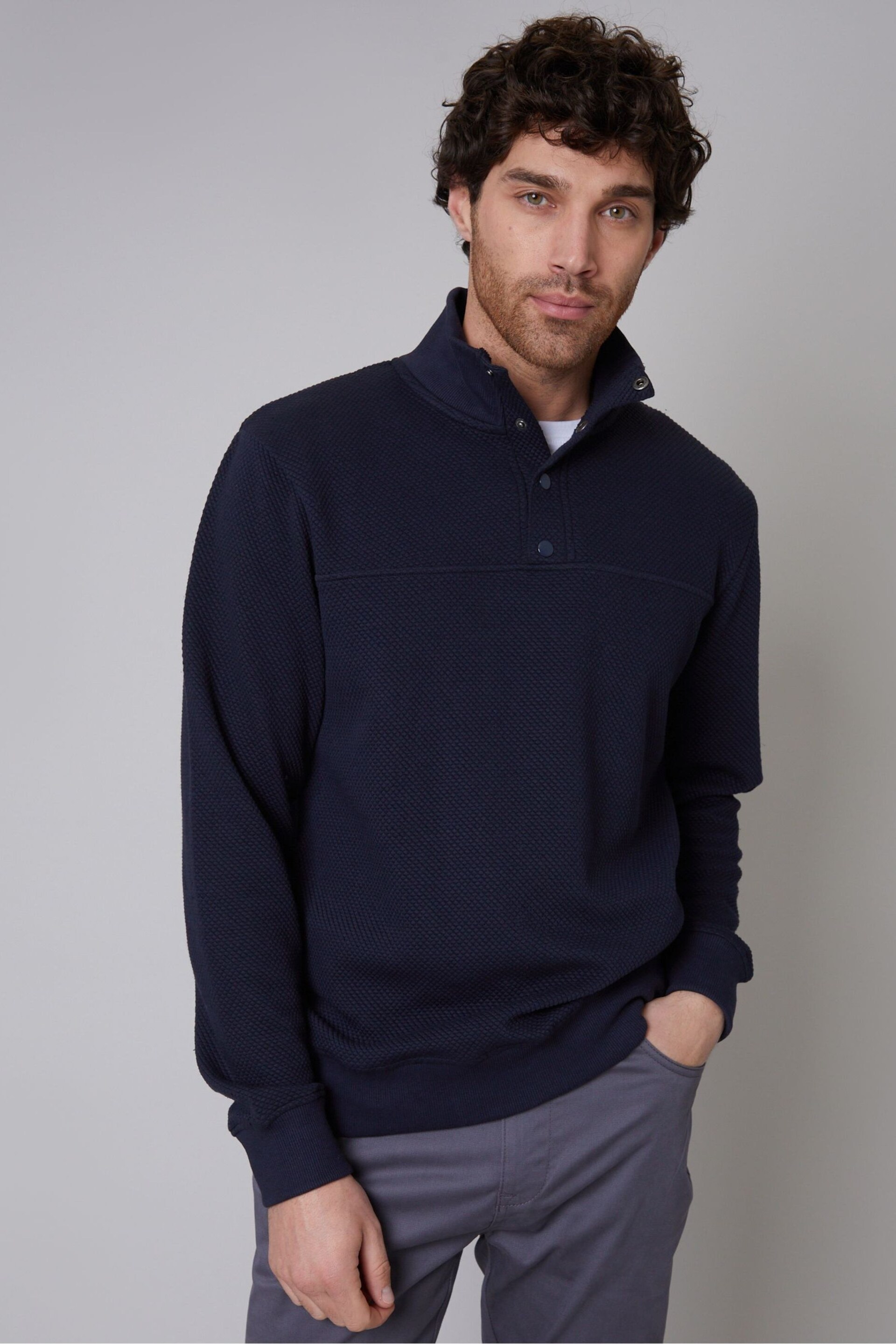 Threadbare Blue Funnel Neck Waffle Textured Sweatshirt - Image 1 of 5