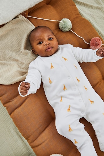 JoJo Maman Bébé Giraffe Embroidered Cotton Baby Sleepsuit