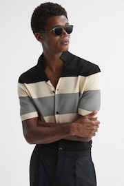 Reiss Black Seville Striped Cuban Collar Button Through T-Shirt - Image 1 of 5