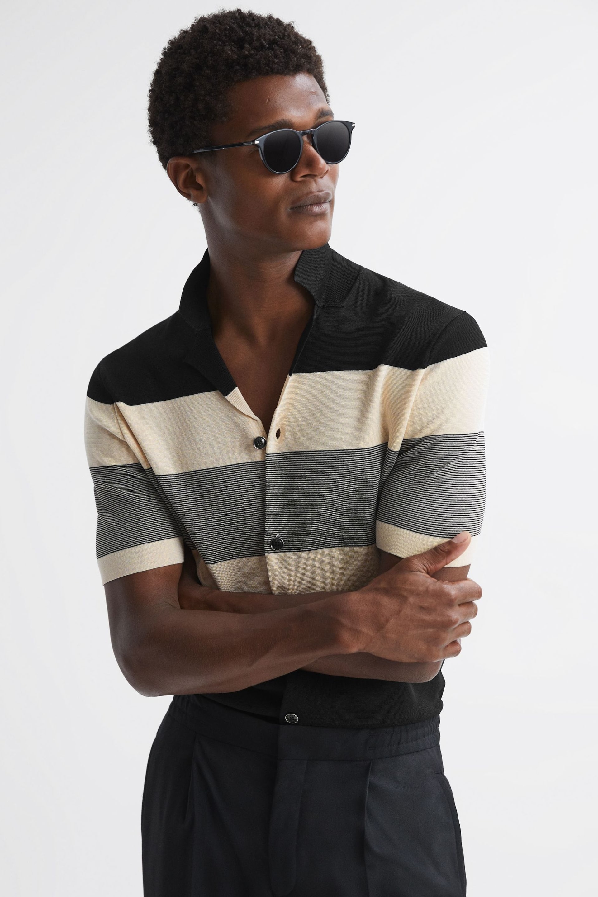 Reiss Black Seville Striped Cuban Collar Button Through T-Shirt - Image 1 of 5