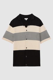 Reiss Black Seville Striped Cuban Collar Button Through T-Shirt - Image 2 of 5