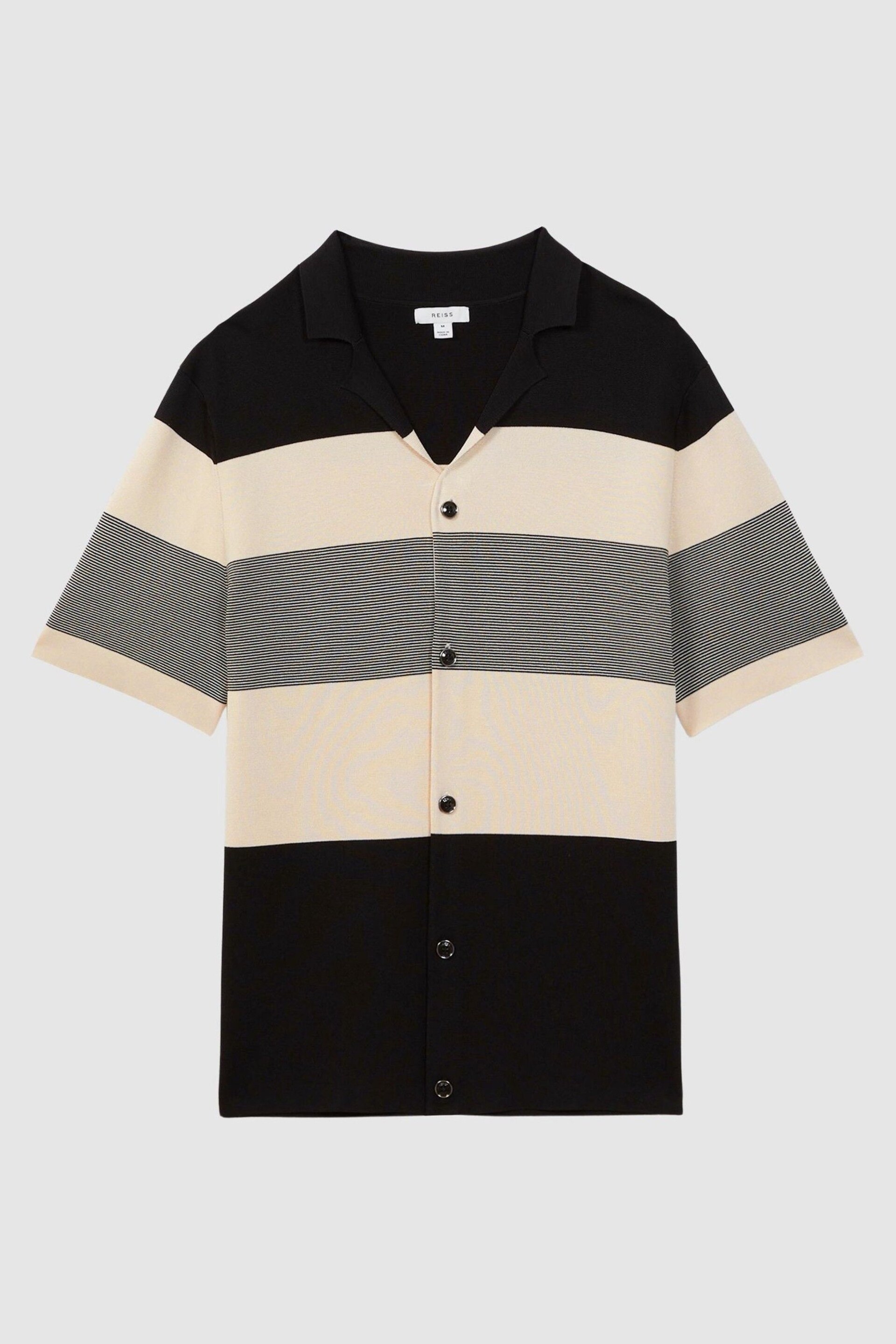 Reiss Black Seville Striped Cuban Collar Button Through T-Shirt - Image 2 of 5