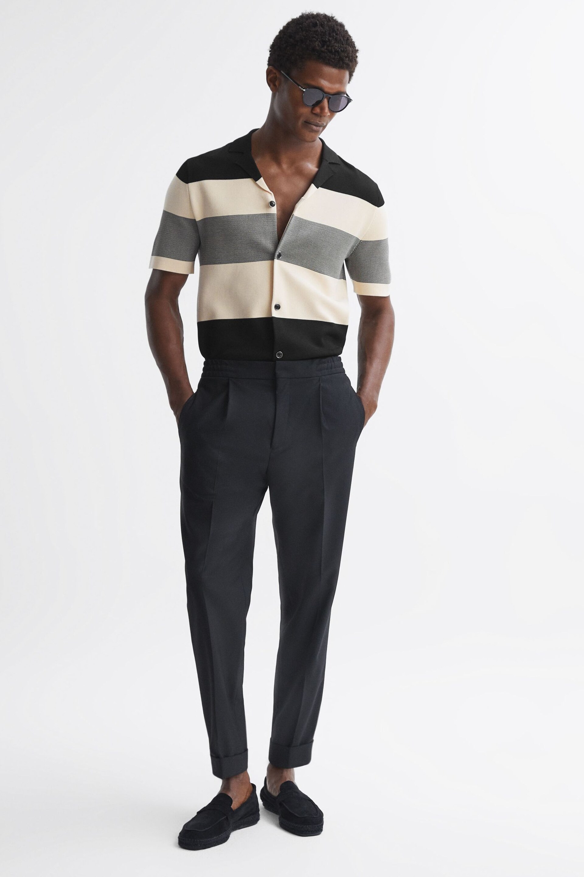 Reiss Black Seville Striped Cuban Collar Button Through T-Shirt - Image 3 of 5