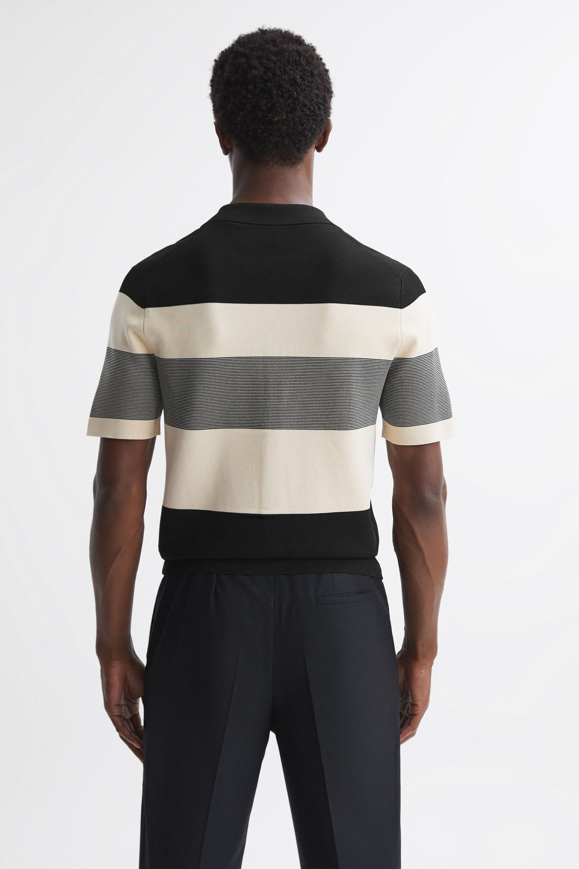 Reiss Black Seville Striped Cuban Collar Button Through T-Shirt - Image 5 of 5