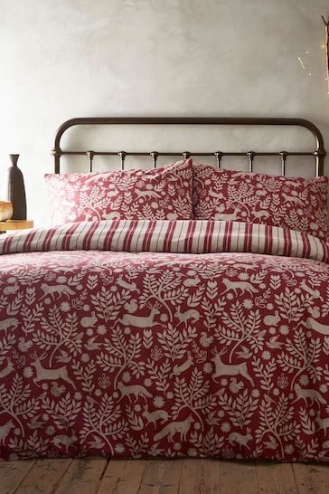 furn. Berry Red Grey Skandi Woodland Brushed Cotton Winter Stag Reversible Duvet Cover and Pillowcase Set