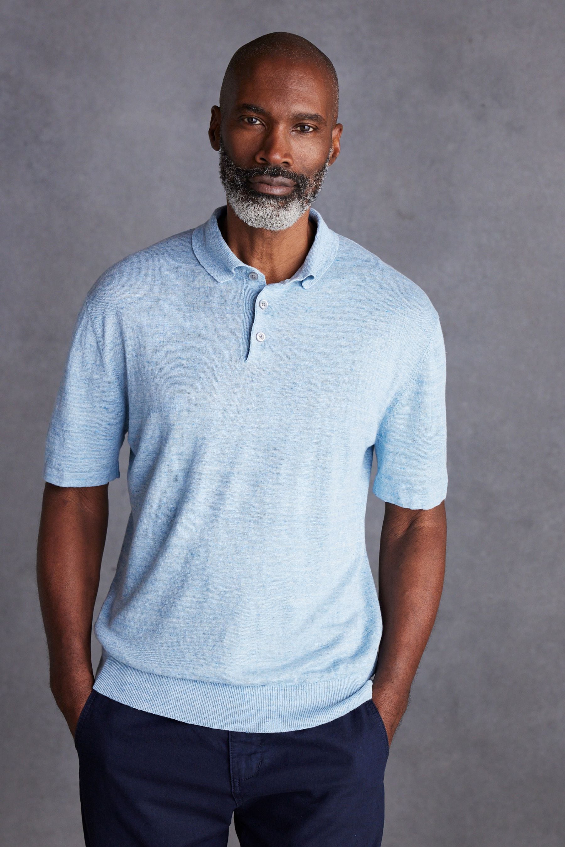 Buy Blue Linen Blend Knitted Polo Shirt from the Next UK online shop