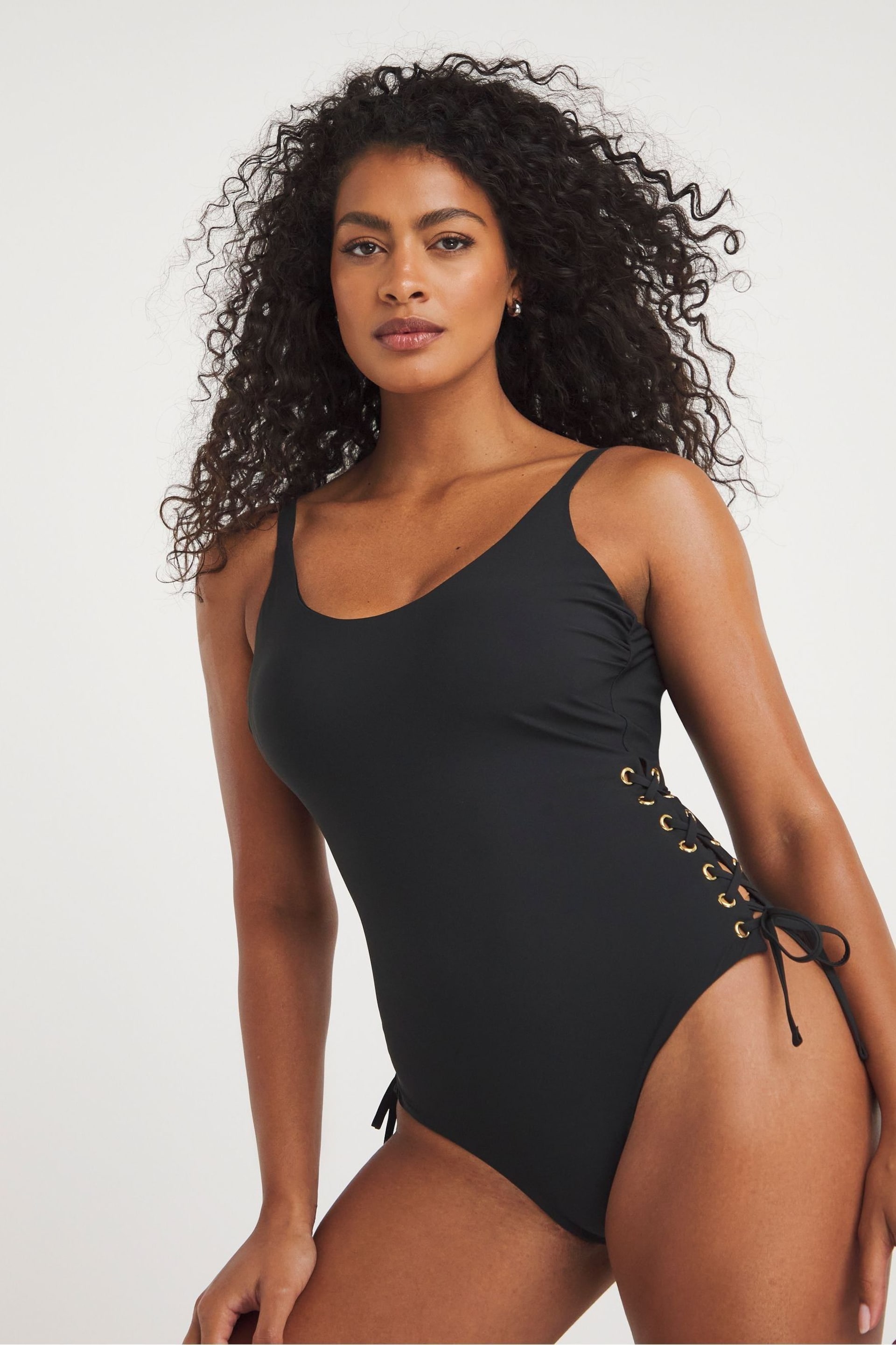 Simply Be Black Contour Plunge Tummy Control Swimsuit - Image 1 of 4
