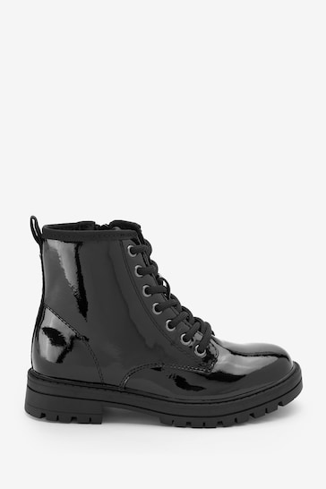 Black Patent Wide Fit (G) Warm Lined Lace-Up Boots