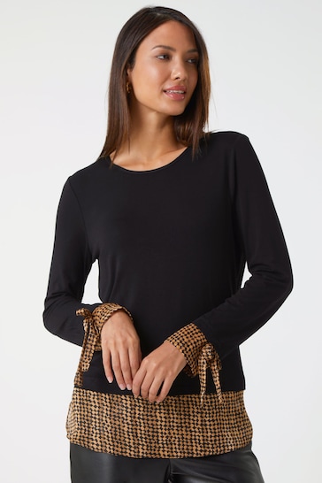 Roman Metallic Chiffon Hem Tie Detail Stretch Top