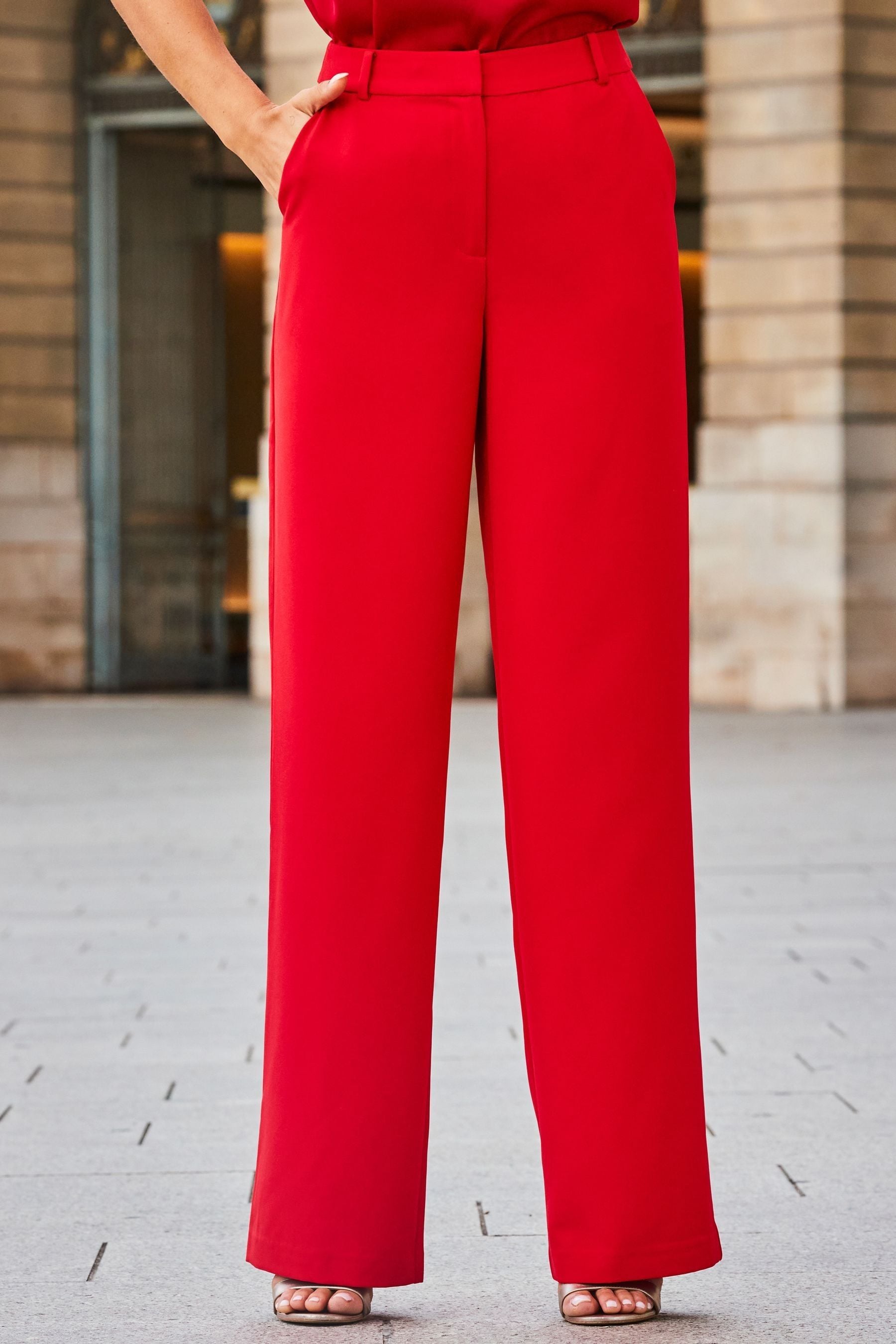 Red top wide pants