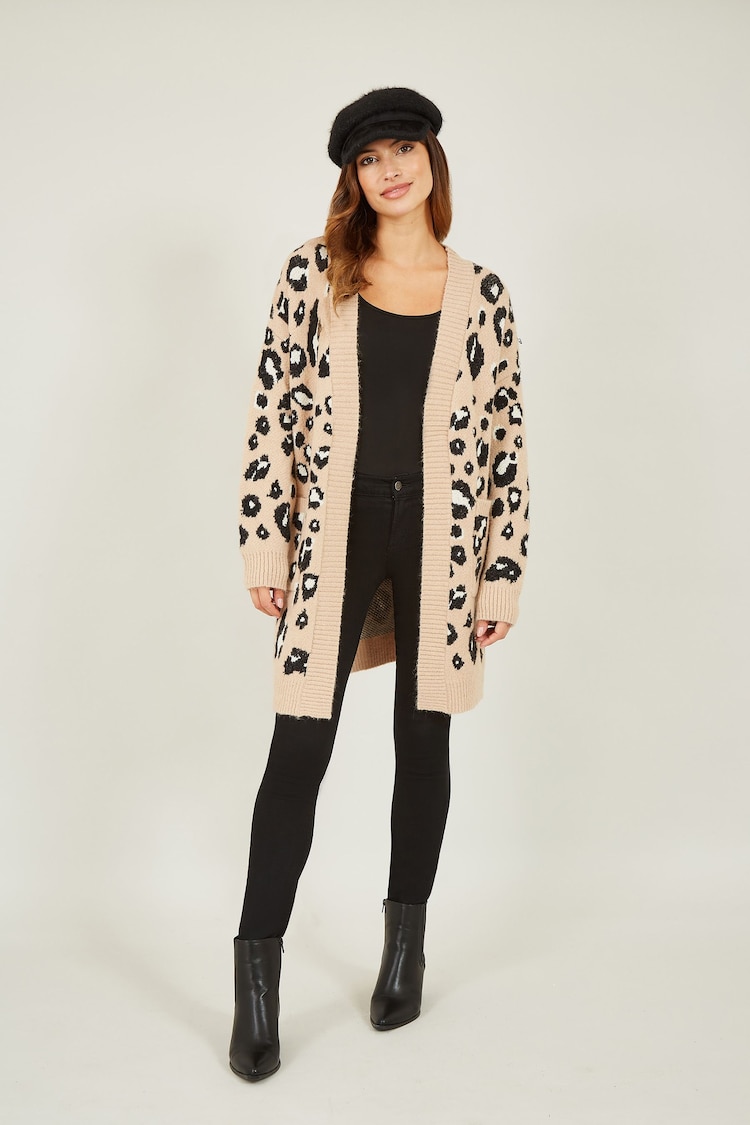 Yumi Black Long Animal Print Intarsia Knit Cardigan - Image 2 of 4