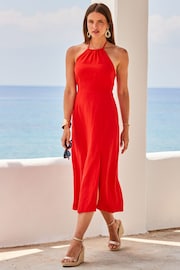 Sosandar Red Neck Fit Linen Halter And Flare Dress - Image 5 of 5