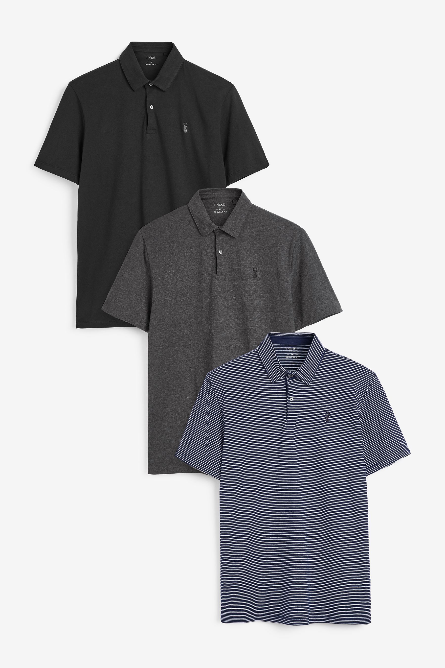 Buy Blue Charcoal Black Regular Fit Short Sleeve Jersey Polo Shirts 3 Pack from the Next UK online shop