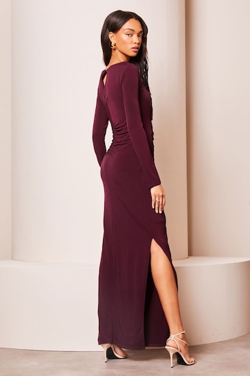Lipsy Purple Long Sleeve Ruched Front Side Split Maxi Dress