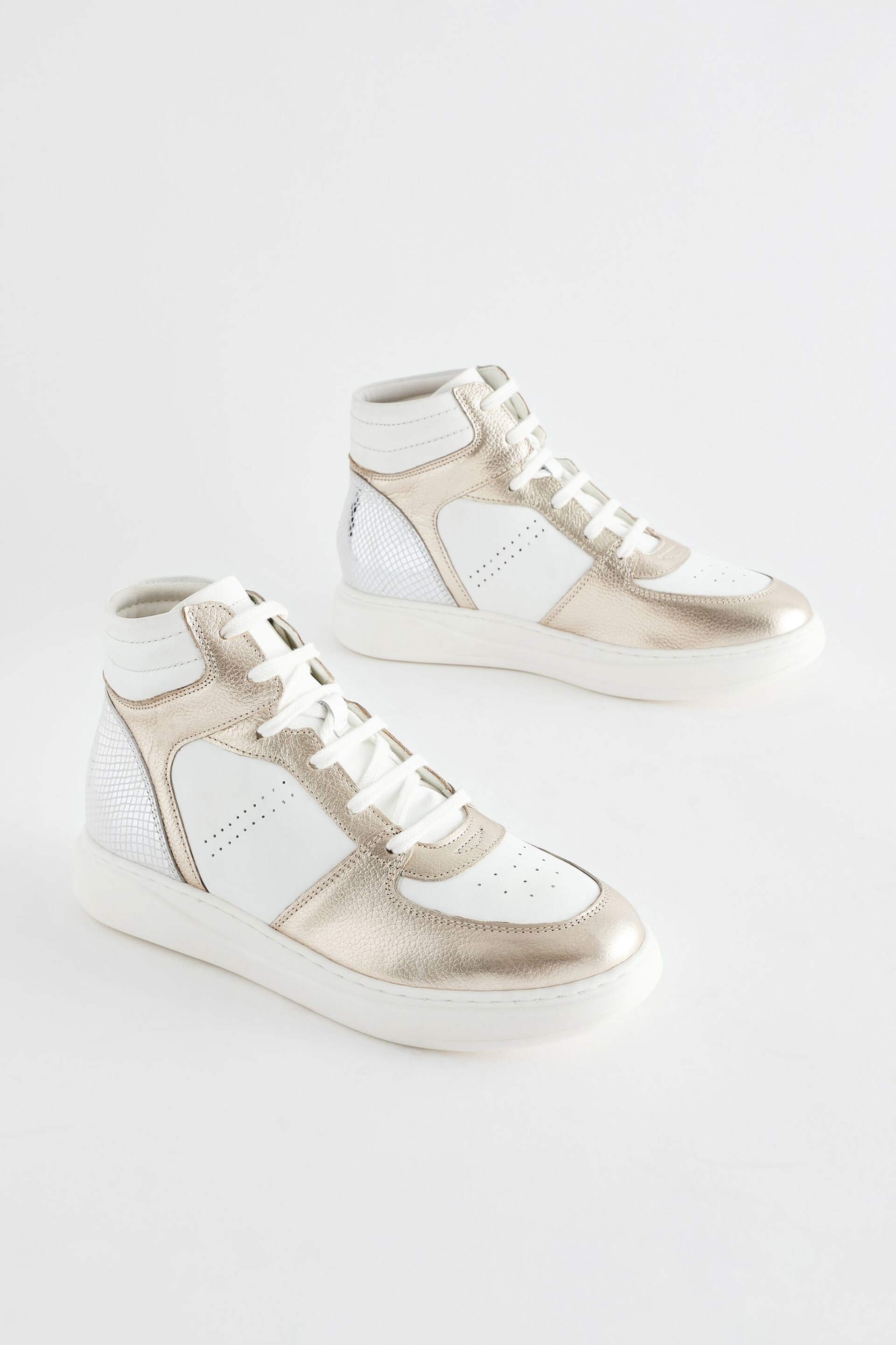 White/Gold Signature Leather High Top Trainers - Image 1 of 5