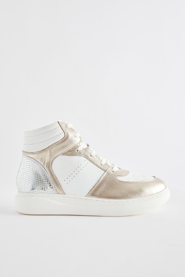 White/Gold Signature Leather High Top Trainers