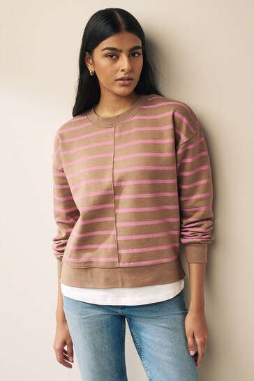 Neutral/Blush Pink Layered Spliced Stripe T-Shirt Overlay Sweatshirt