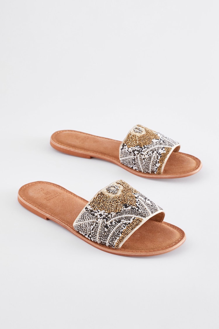 Metallic Regular/Wide Fit Forever Comfort® Leather Beaded Mules - Image 1 of 6