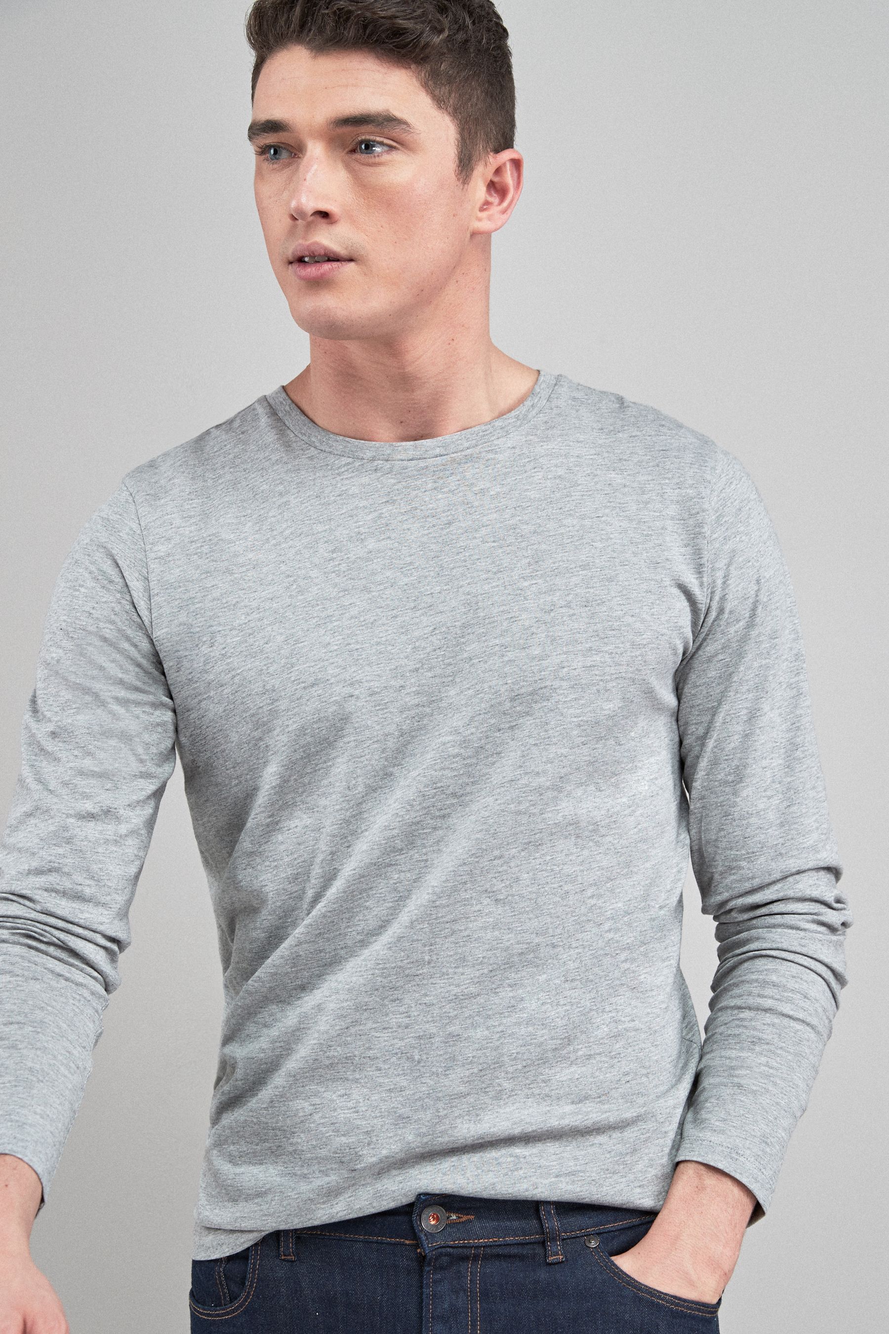 Grey Marl Regular Fit Long Sleeve Crew Neck 100 Cotton T Shirt