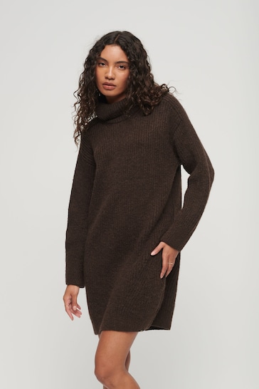 Superdry Brown Knnitted Roll Neck Jumper Dress