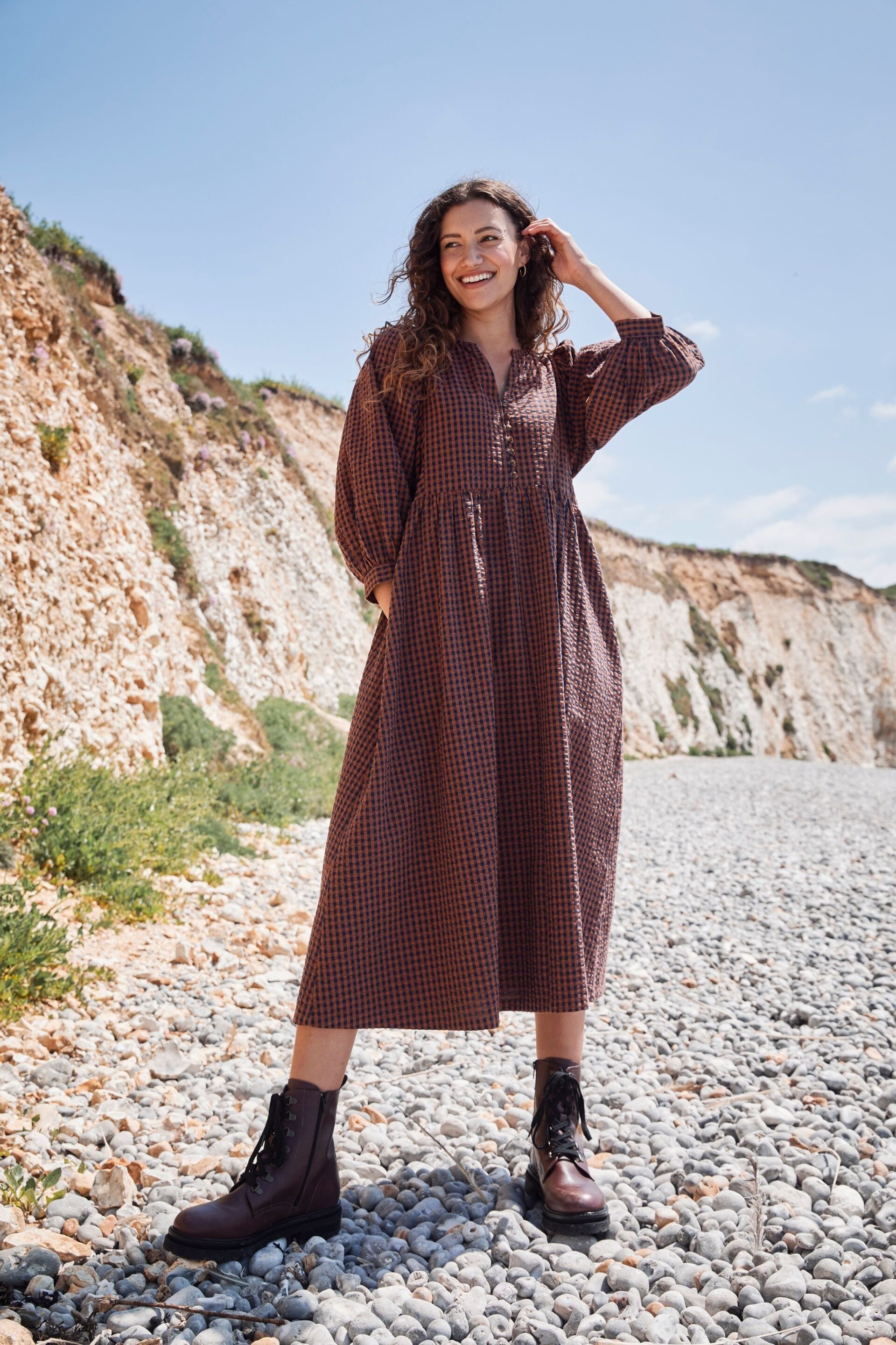 FatFace Brown Gingham Midi Dress - Image 1 of 7