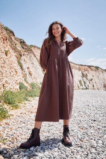 FatFace Brown Gingham Midi Dress