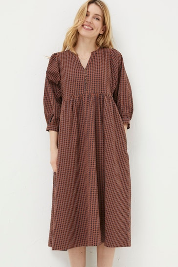 FatFace Brown Gingham Midi Dress