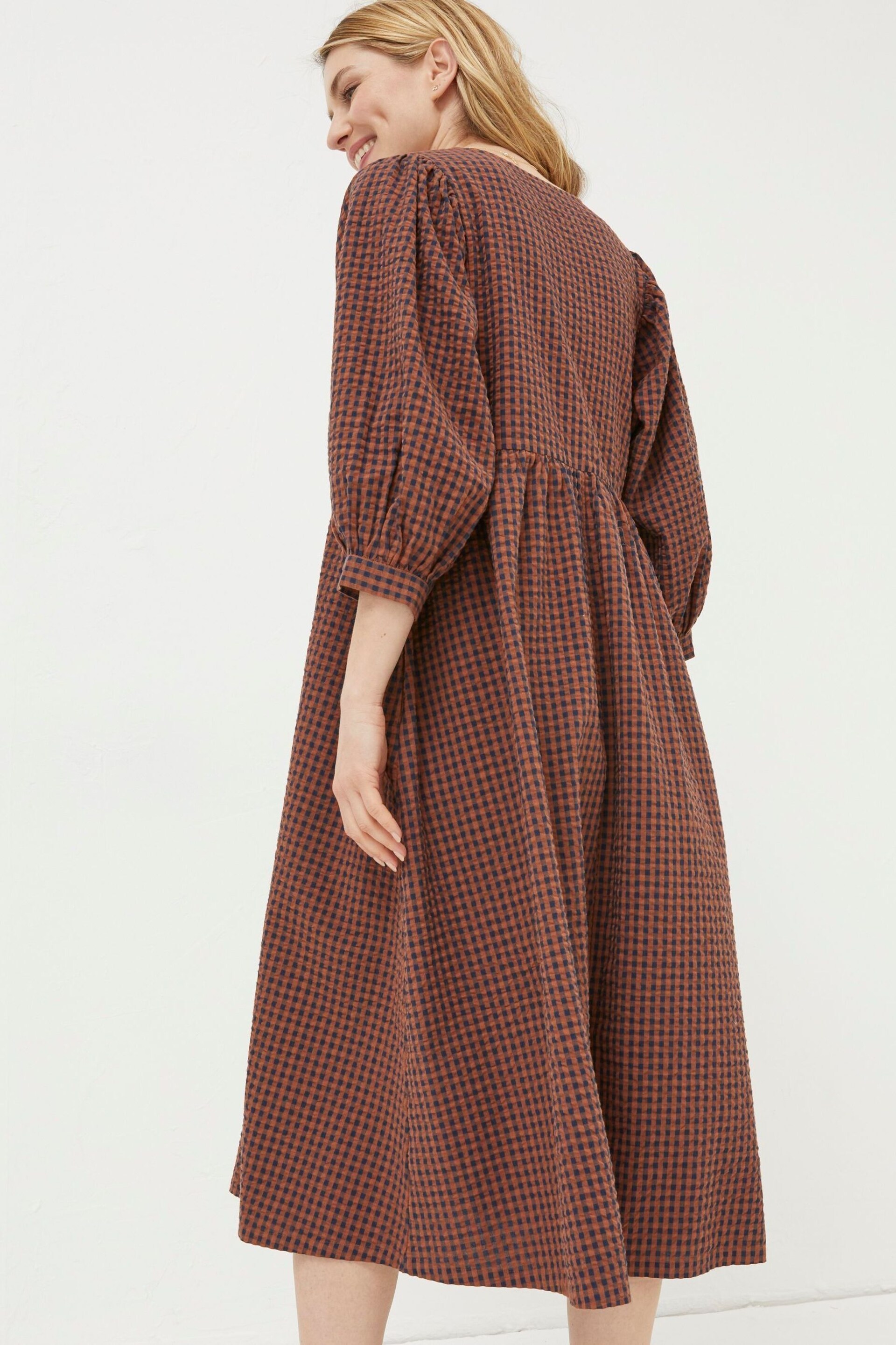 FatFace Brown Gingham Midi Dress - Image 3 of 7