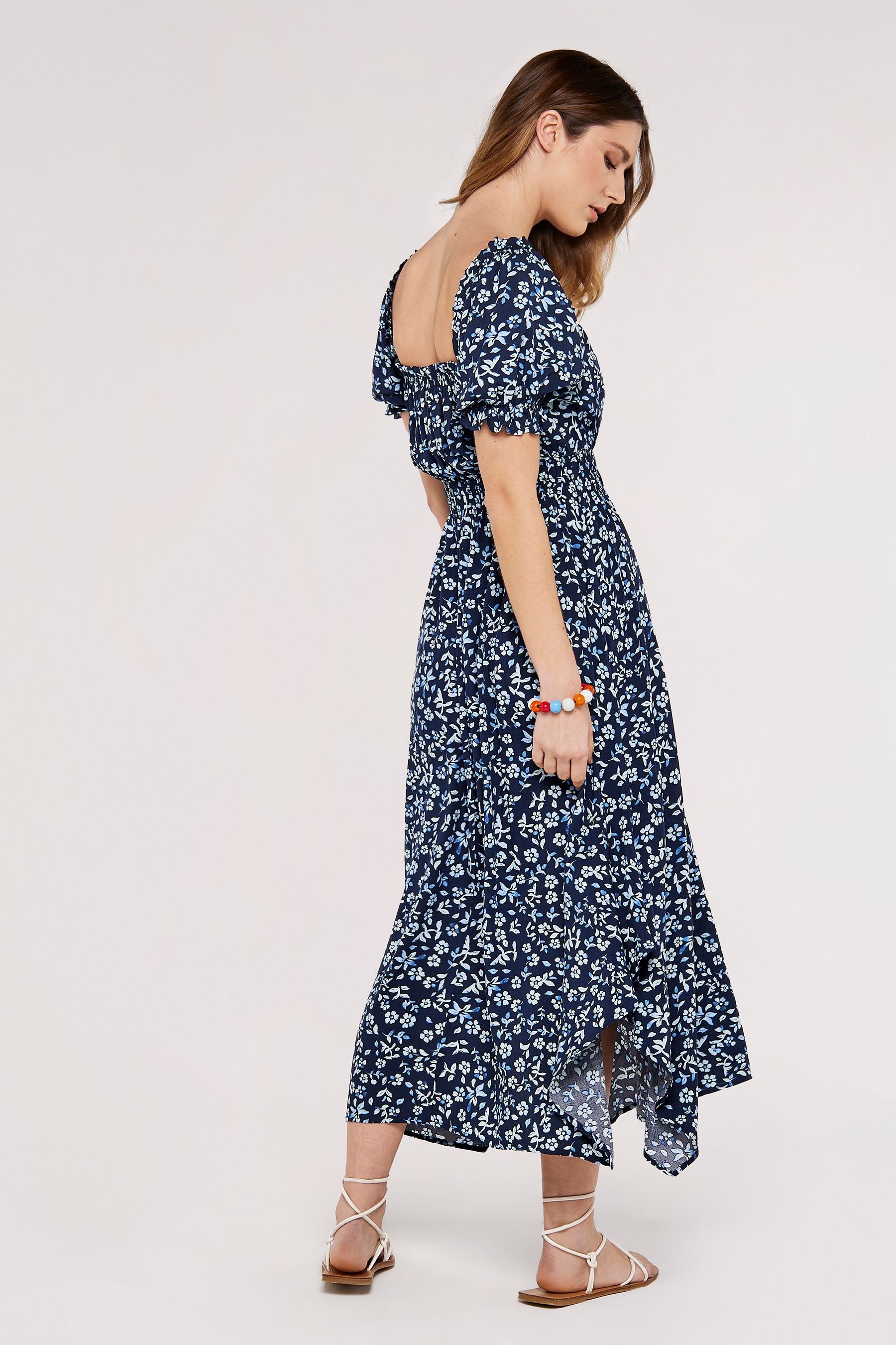 Apricot Blue Sarasa Micro Floral Milkmaid Dress