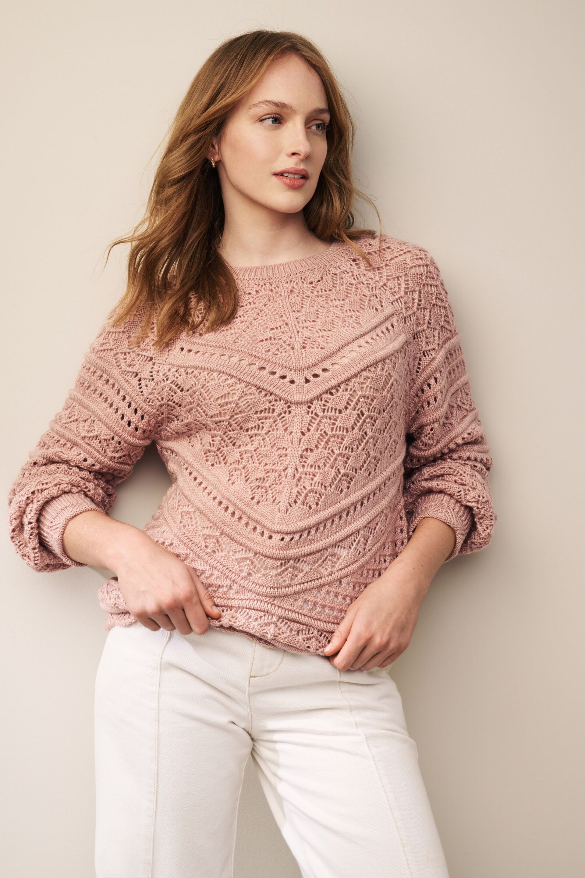 Blush Pink Crochet Crew Neck Long Sleeve Jumper - Image 1 of 6