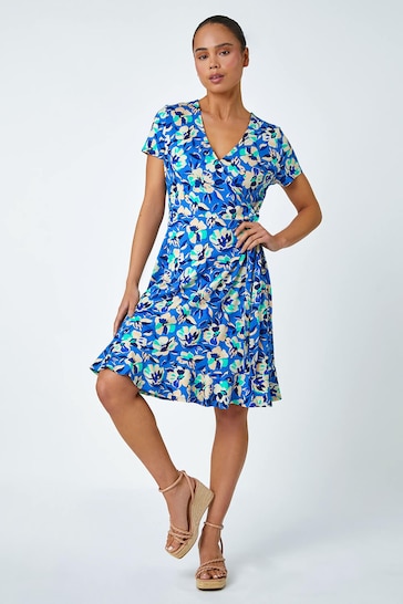 Roman Blue Petite Floral Stretch Wrap Dress