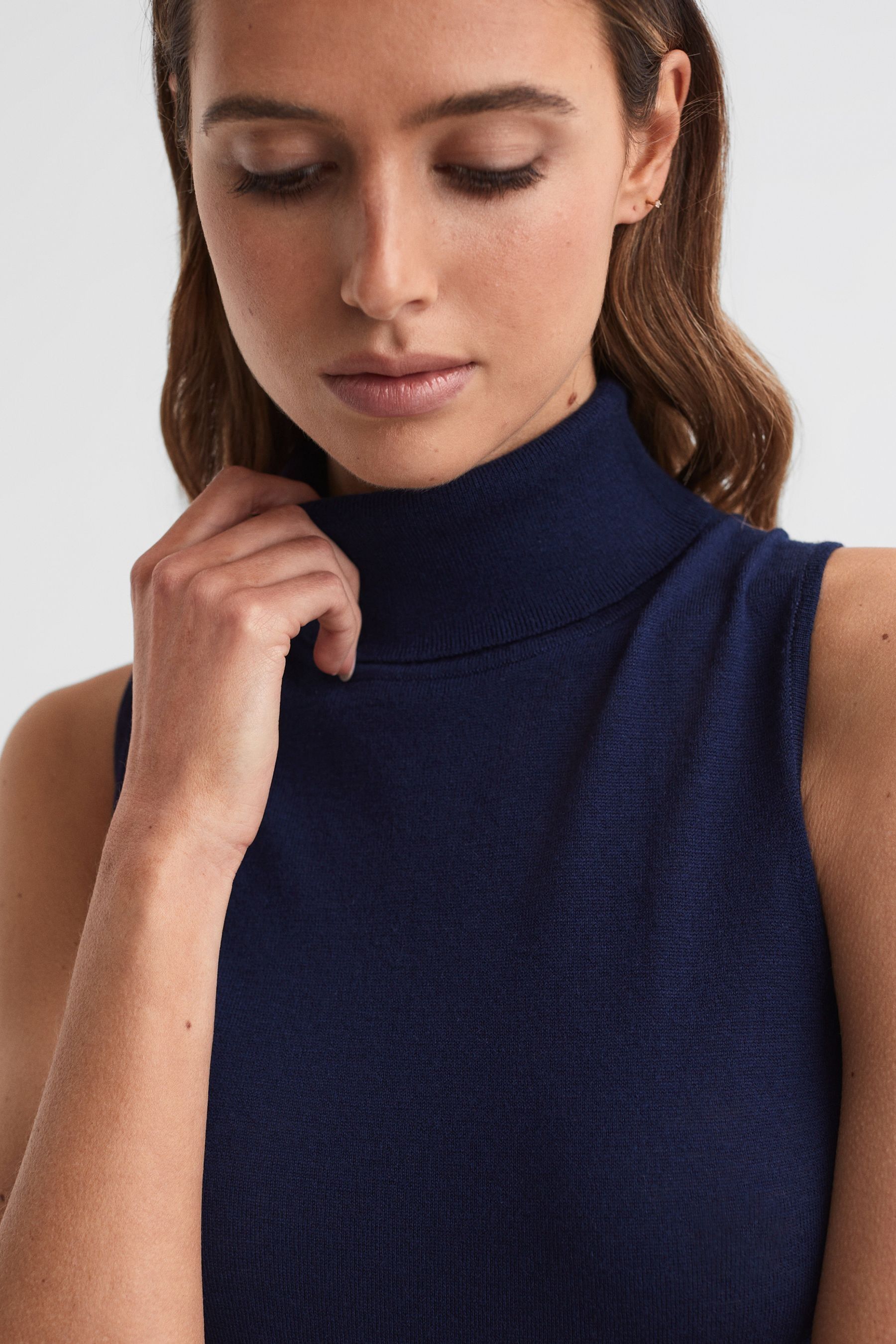 Reiss Navy Edna Merino Wool Sleeveless Roll Neck Top