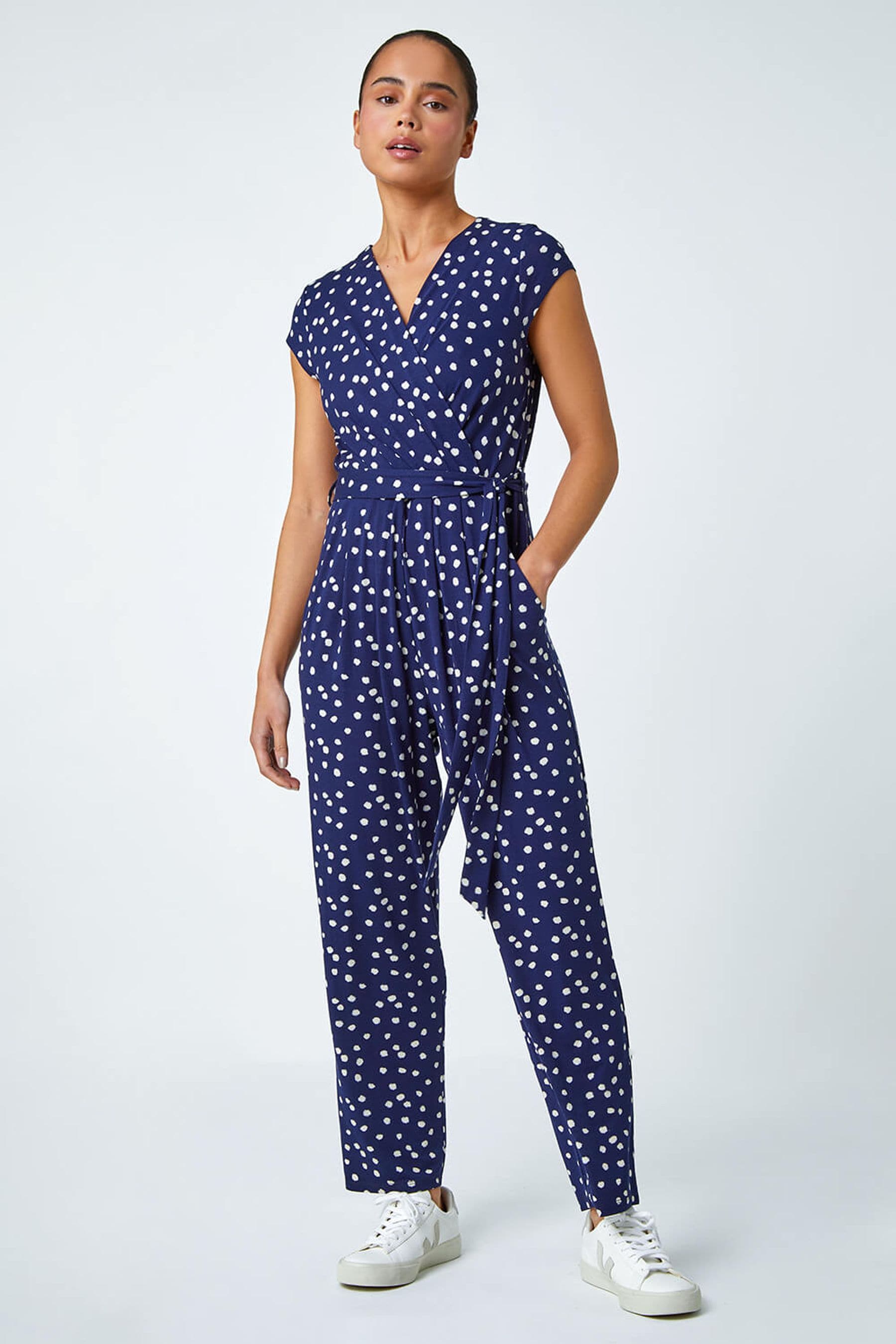 Roman Blue Petite Polka Dot Stretch Jumpsuit