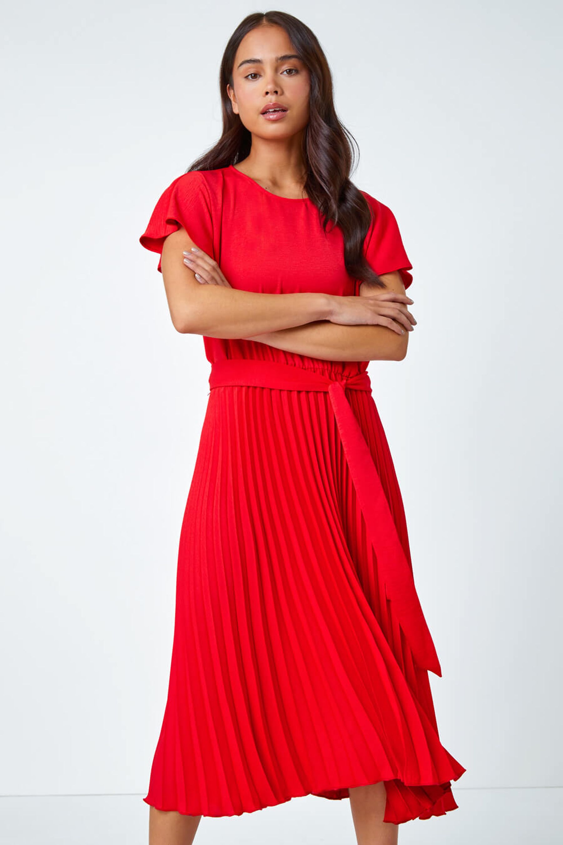 Red midi pleated dress deals