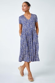 Roman Blue Petite Floral Button Pocket Midi Dress - Image 3 of 5