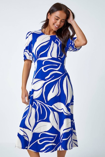 Roman Blue Petite Leaf Stretch Midi Dress