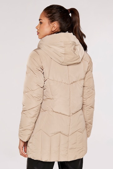 Apricot Cream Mixed Panel Hooded Puffer Jacket